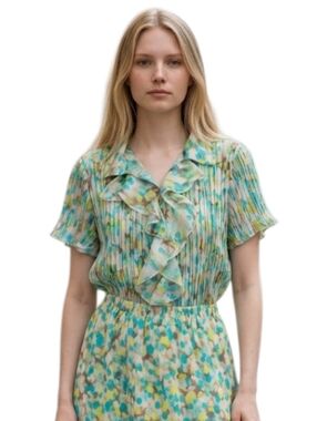 Y2K Boho Watercolor Print Ruffle Front Accordian Pleats Blouse Size 12